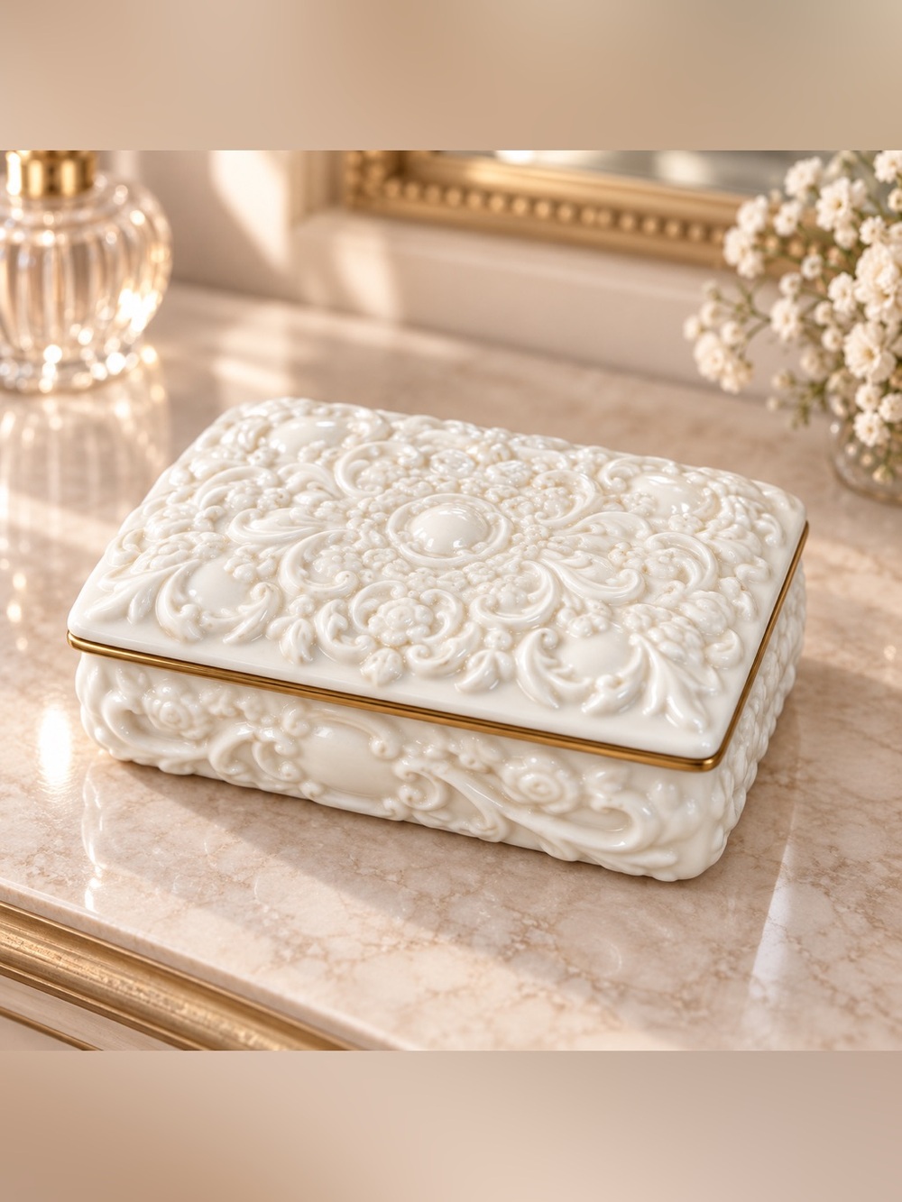 Vintage White Porcelain Trinket Box Raised Floral Scrollwork Gold Trim